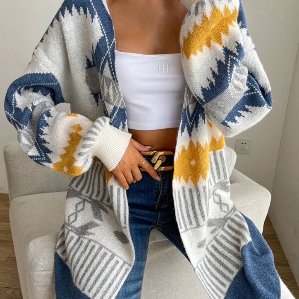 White Brown Tribal Print Open Front Oversized Cardigan - Picture 3 of 6